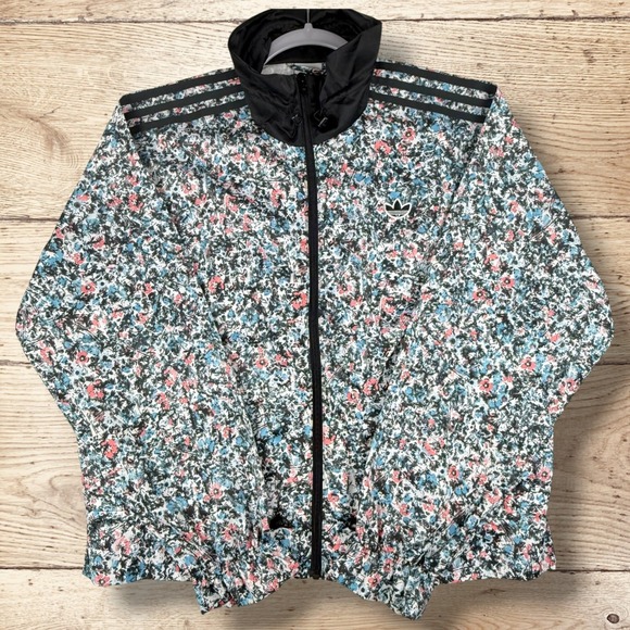 ADIDAS Womens Trefoil Floral Track Jacket‎ Full Zip Size M Black White Pink Blue - Picture 5 of 11